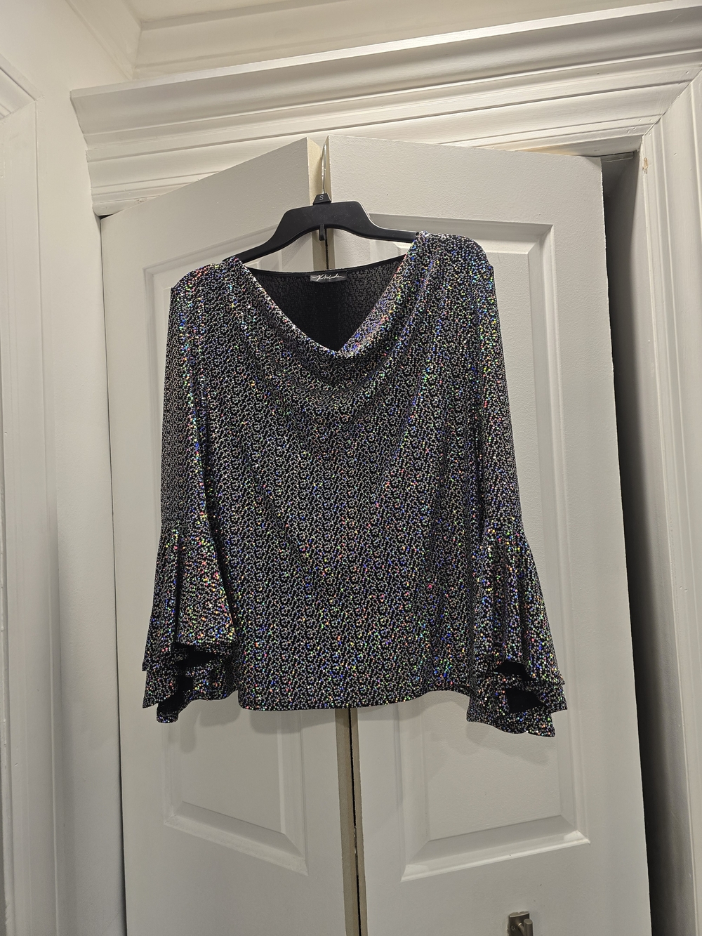Holographic Black Cowl-Neck Bell-Sleeve Top